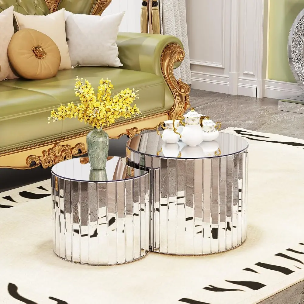 Sliver Round Coffee Table with Mirror Design, Glass Tea Table with Glass Top for Living Room, Luxury Sofa Center Table, Modern Home Decor