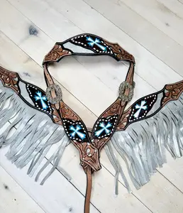 Turquoise Cross Tooled Leather Silver Fringe Tack Set