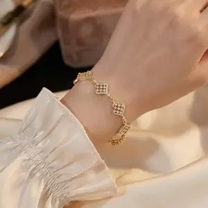 14K Gold Plated Clover Bracelet for Women Sparkling Cubic Zirconia Four-Leaf Clover Link Chain Bangle Elegant Dainty Lucky Charm Jewelry Ideal Gift for Birthday Anniversary Valentine's Day