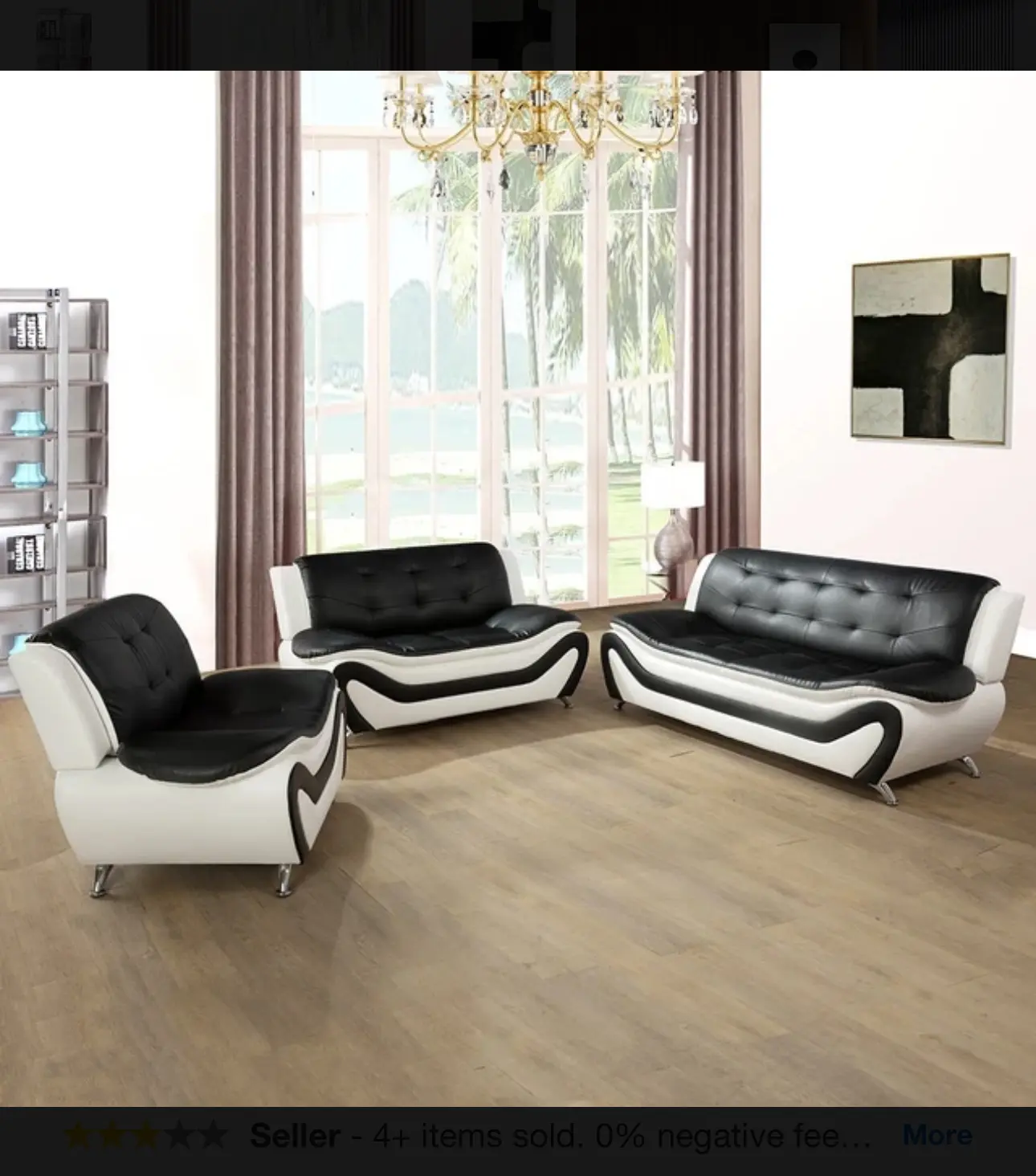 Black & White Faux leather 3-Piece Couch Living Room Sofa Set