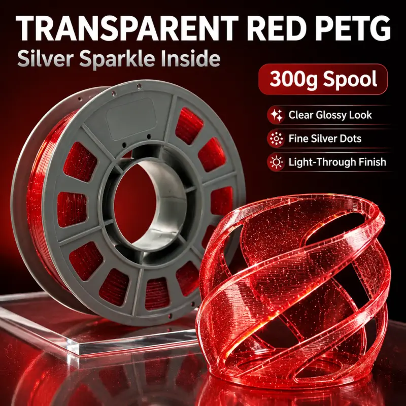 300g (0.66lbs) Transparent Red Silver Speckle PETG Filament 1.75mm, High Dimensional Accuracy, Sparkling Translucent Effect, High Strength, No Clogging, Ideal for Christmas Decorations, Decorative Vases, FDM 3D Printing Creators