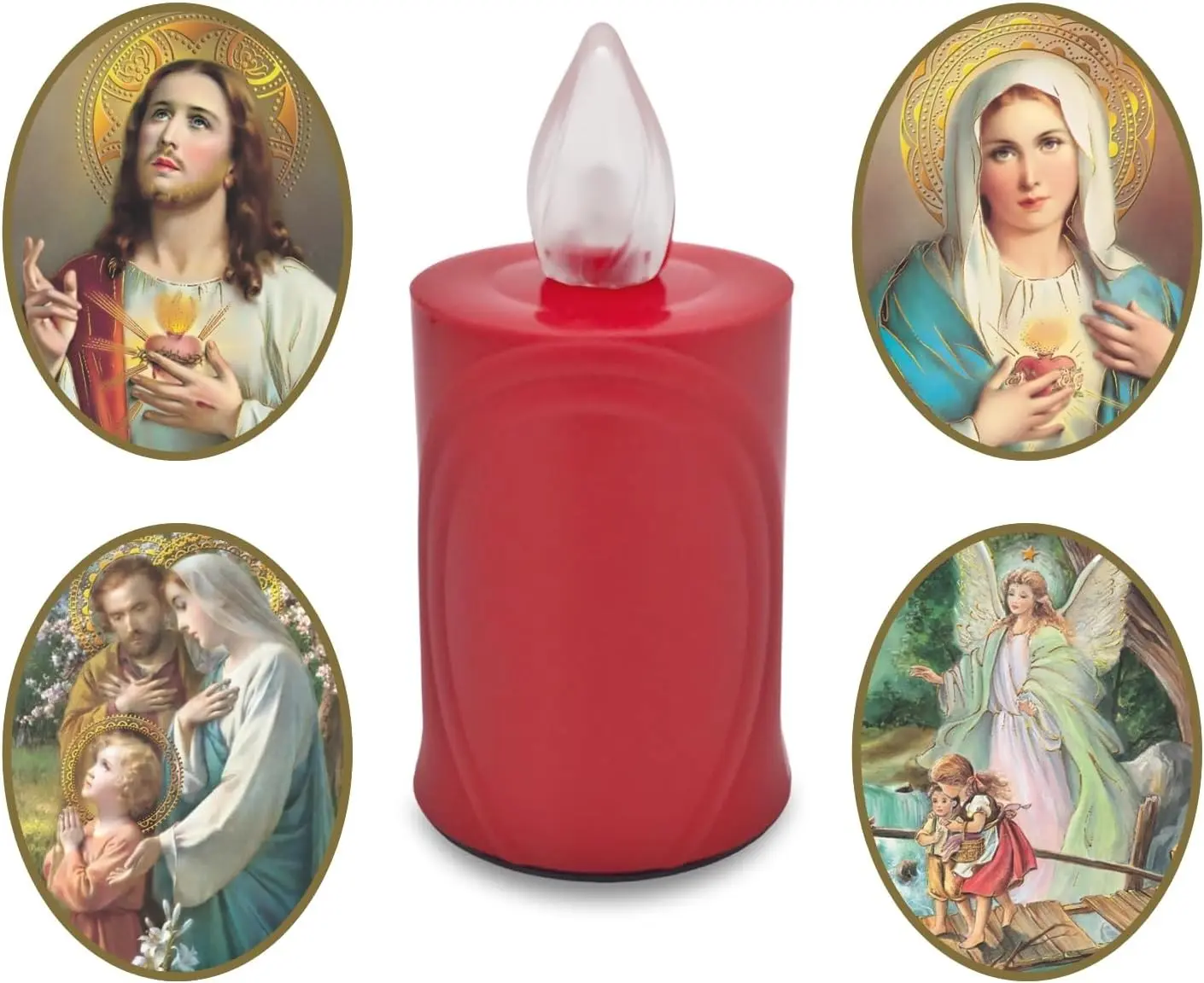 LED Votive Candle Memorial Light – Flickering Effect Like a Real Candle – Long Burning time up to 120 Days – Reusable Cemetery Remembrance Eternal Candle – RED – Mixed Saints Sticker Set