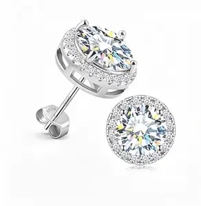 S925 Sterling Silver Round CZ Lab-Grown Zircon Set in a Halo, Unisex Minimalist Jewelry for Men and Women, Anti-tarnish Daily Wear Unisex Jewelry, Classic Piercing Gift