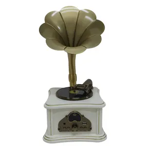 Mini Wooden Imitate Phonograph, Gramophone Shape, Earphone Jack, Wireless Connection, Stereo Speakers, Imitate Vintage Phonograph Speakers, Aux In, USB, Vintage, White