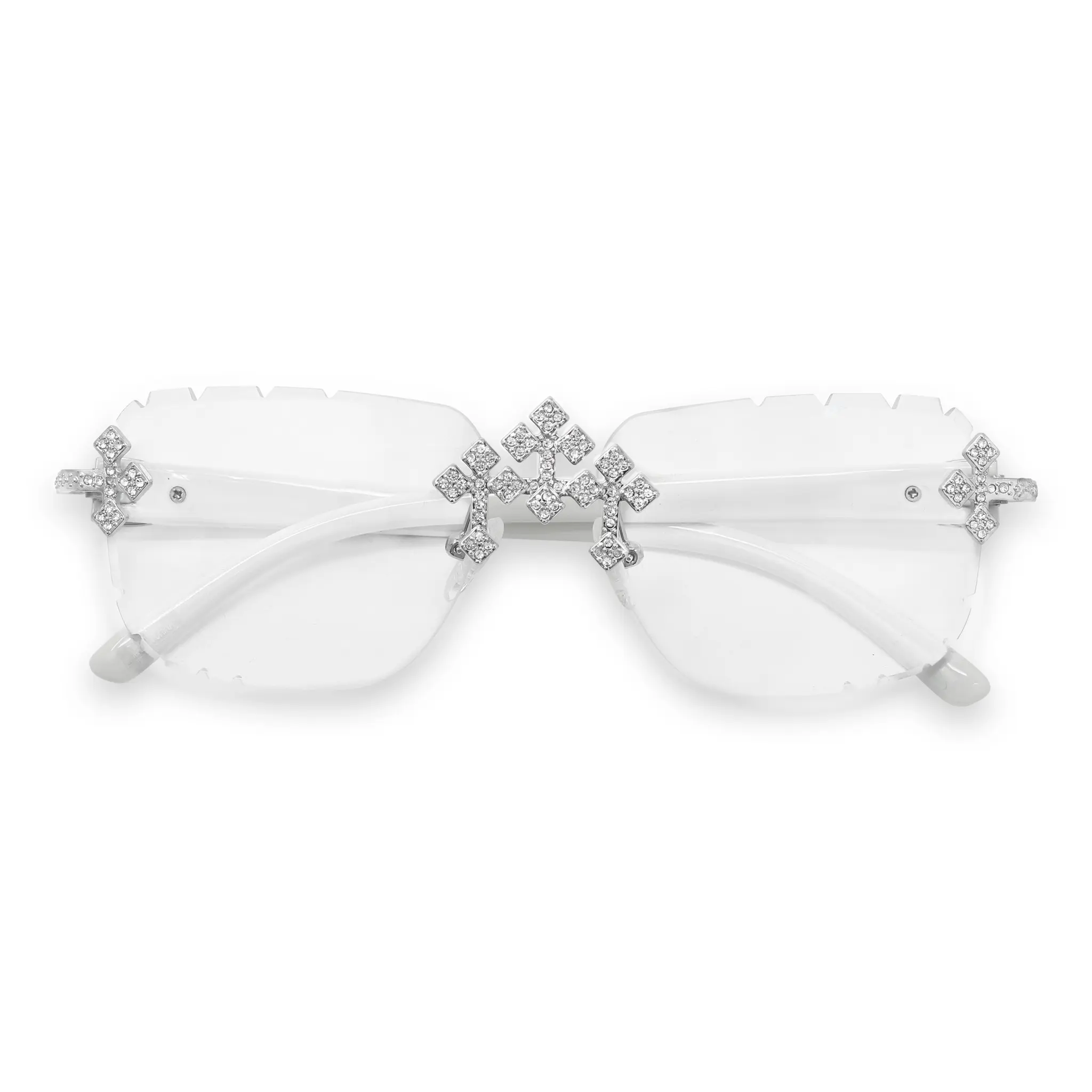 Triple Cross Iced Out Sunglasses – Clear Frame, Silver Bridge, Bold Men’s Streetwear Shades