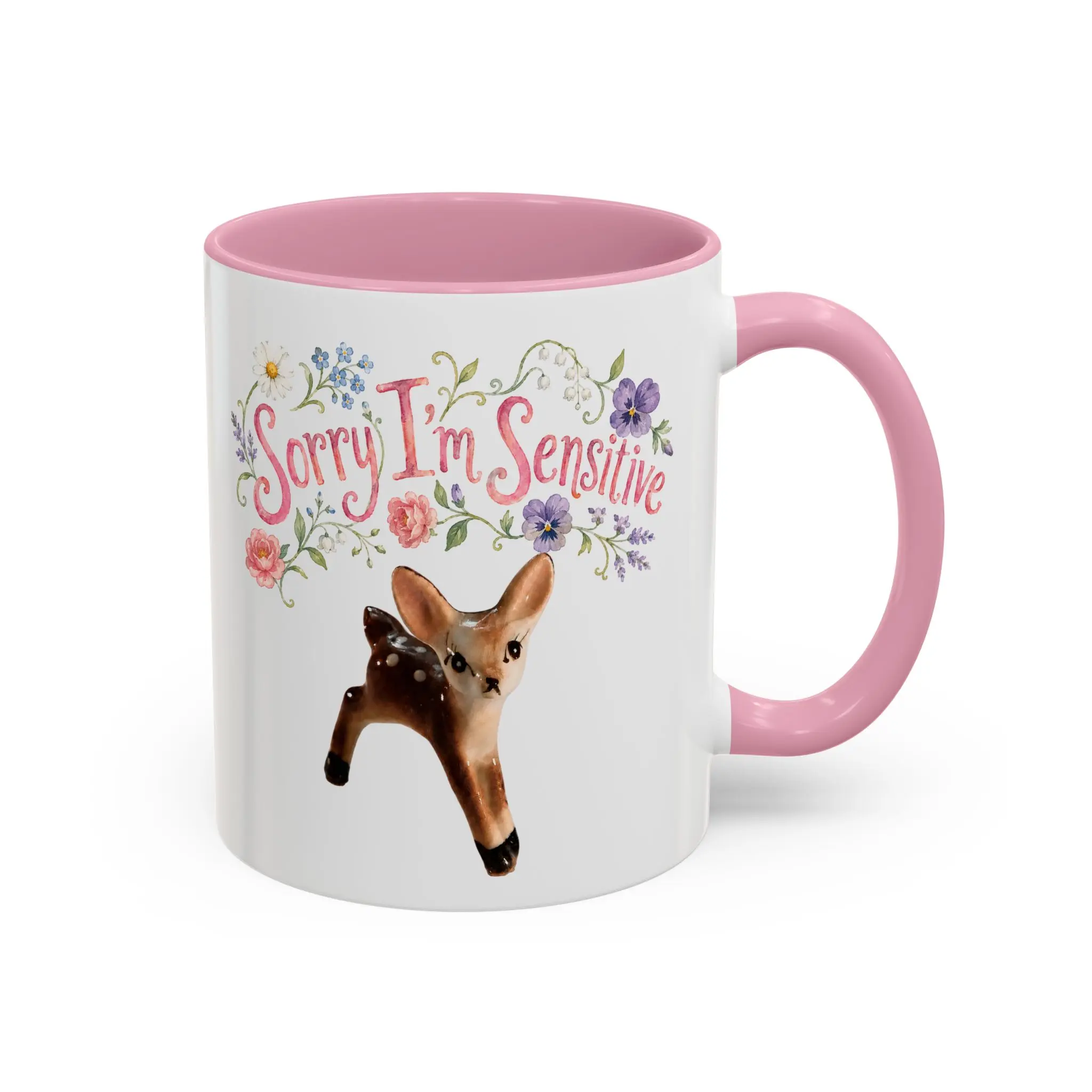 Sorry I’m Sensitive retro vintage deer mug, ceramic coffee cup | floral woodland design