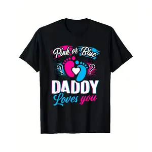 Men's Gender Reveal Baby Shower T-Shirt - Pink Blue Daddy Loves You Design with Footprints & Baby Blocks - Comfortable All-Season Round Neck Tee for Pregnancy Apparel fo Graphic Streetwear