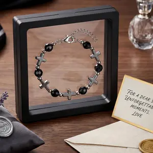 Cross Bracelet Gothic Black Agate Cross Beaded Bracelet for Women, 6"+2" Adjustable Stainless Steel Punk Hematite Cross Charm Bracelet, Hypoallergenic