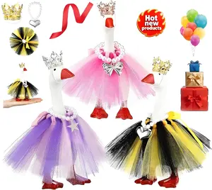 6 Sets 7-Inch Winter Mini Desk Goose Outfits - Princess Costumes with Crystal Rhinestone Tiara Crown Necklace & Tutu Dress for Statue Duck Key Holder