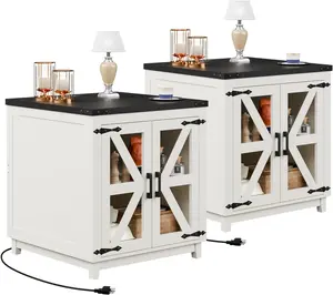 PUKAMI Farmhouse End Table, 24" Large Wood Square Nightstand with Doors, Sofa Side Table Set of 2 with Charging Station Modern Nightstand Storage Cabinet for Living Room, Bedroom, Entryway