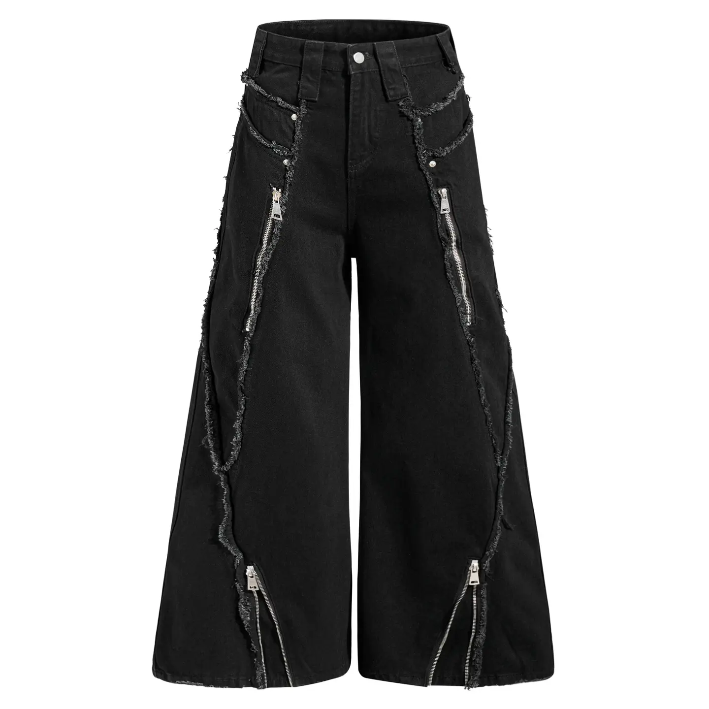 Inflation Wide Leg Distressed Jeans Men Streetwear Raw Hem Zipper Denim Pants