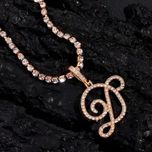 New Cursive Initial Letter Zircon Pendant Necklace For Women Bling Rhinestone Tennis Chain Necklace Trend Jewelry