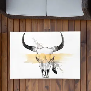 360 stand Polyester Chenille Print Weatherproof Rug - 2x3 ft. Rectangle, Scandinavian Animal Motif, Cow Skull with Feather Printed Face, Indoor/Outdoor Use, Bohemian Style Rugs, Decorative Area Rug