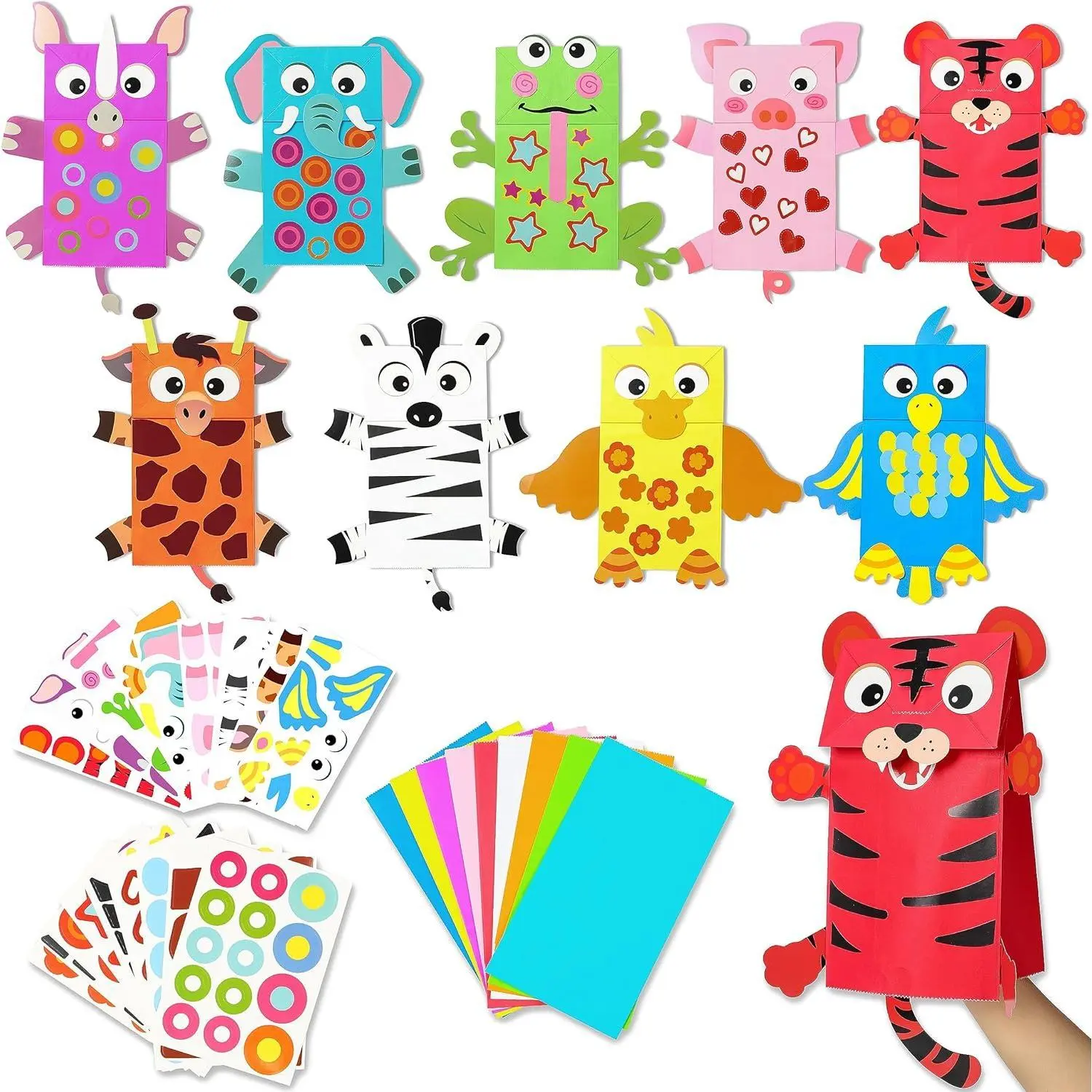 SQ-HDJ010 9-Pack Unisex Varied Animal DIY Paper Sock Puppet Craft Kits - Wiggle Googly Eyes, 3-4 Years Kids’ Children Development Supplies for Baby Shower, Kid Costume Party Pretend Play
