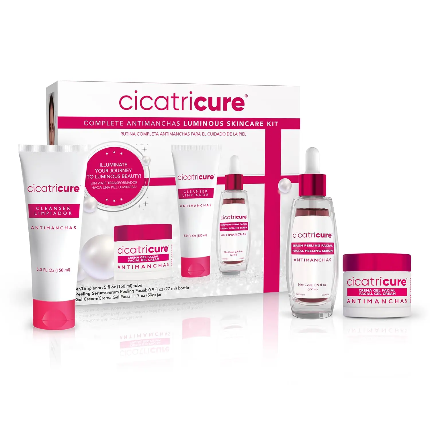Cicatricure Antimanchas Skin care Kit: AHA & PHA Exfoliating Face Wash, Brightening Serum, and Moisturizing Gel Cream - Dark Spot Reduction, Enhanced Glow, Paraben & Sulfate-Free