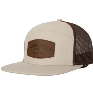AF Waterfowl Leather Patch Pale Khaki & Brown 7 Panel Hat Outdoor Adventures Stylish Design