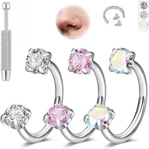 6pcs Crystal Nose Ring Hoop Set，Value Pack 316L medical-grade titanium steel Horseshoe Nose Hoop Internally Threaded Gems Nose Ring with Free Ball Holder & Guiding Needle Mixed Set Simple Body  Accessories