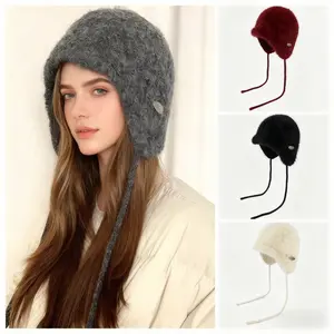 Korean style cute knitted earmuff Lei Feng hat for women, thickened and warm with tie, large head circumference to make the face look smaller.
