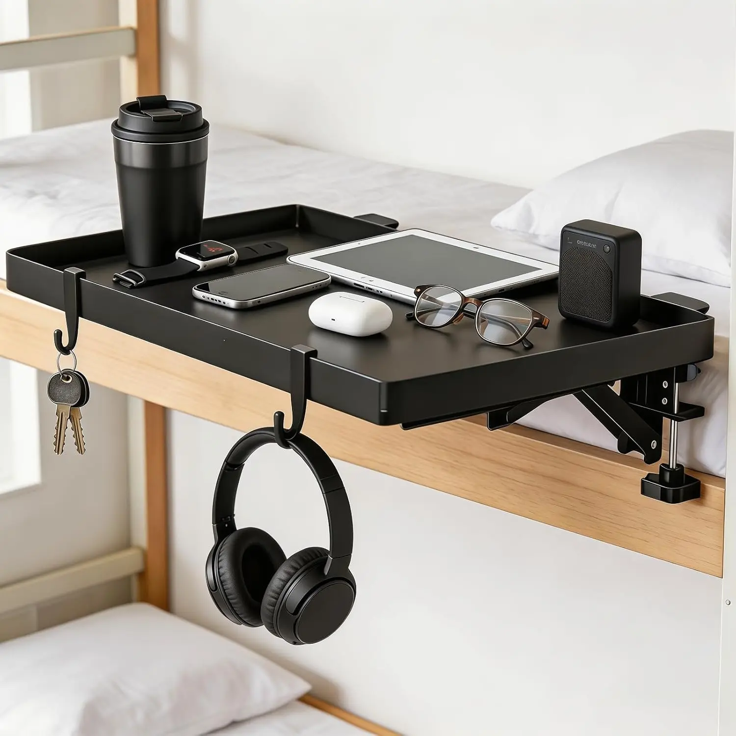 Heavy Duty Foldable Bedside Shelf for Bunk Beds, Metal Clip-On Nightstand Tray, 13.4 x 9.6 Inch Loft Bed Side Table, Holds up to 22 lbs, Cable Hole for College Dorm Room, Black