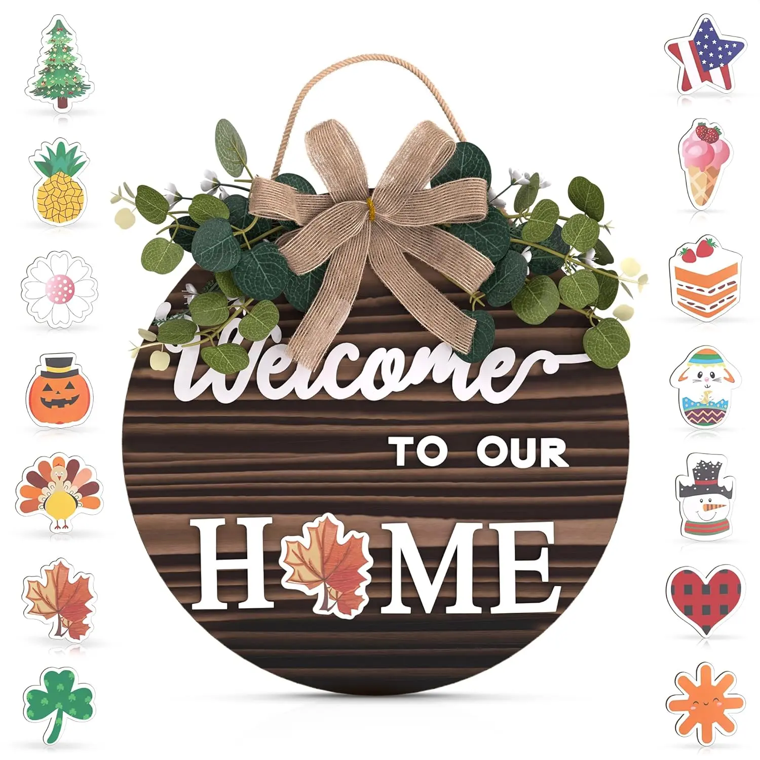 Interchangeable Welcome Sign  Welcome Signs for Front Door, Rustic Fir  with Hanging Cord & Metal Hook, Includes 14  Changeable Icons  For Halloween, Year-Round Porch & Indoor Decoration