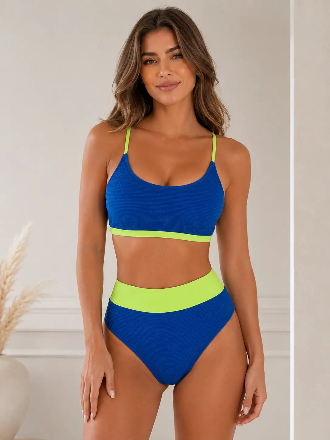 Women’s Textured High Waisted Bikini Set Color Block Blue & Neon Green Sporty Swimsuit Adjustable Strap Scoop Neck Tummy Control Two Piece Bathing Suit Summer Beachwear
