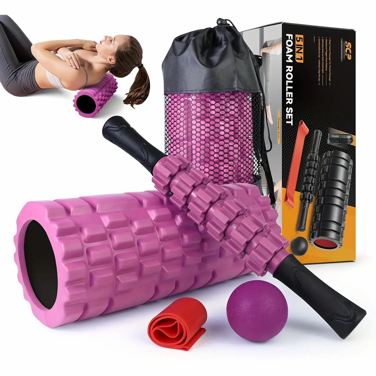 5-in-1 Foam Roller Set |   Includes Foam Roller, Massage Roller, Massage Ball, Resistance Band for Deep Muscle Massage, Pilates Yoga, Fitness Training, Suitable for Whole Body - Black-Pink