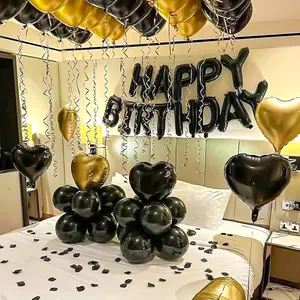 Black 16-Inch Happy Birthday Letter Banner Set with Golden And Silvery Heart-Shaped Foil Balloons, Including Black Petals, Perfect for Birthday Parties, Girlfriend Gifts, Wedding Decorations, Mother'S Day, Father'S Day