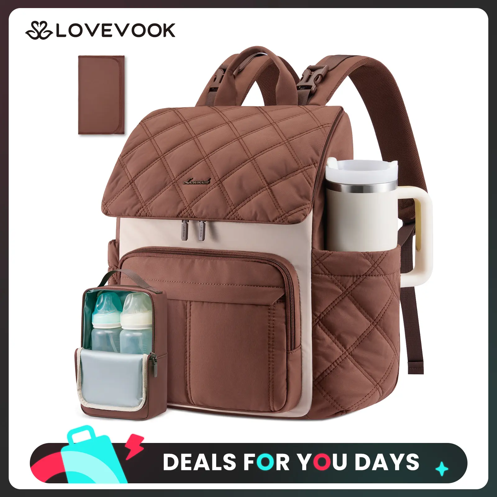LOVEVOOK Diaper Bag Backpack With Pocket For Large Capacity Cup,Multi-Function Baby Travel Bag For Mom Dad,Waterproof Baby Bag for Boys Girls with Changing Pad,Insulated Bag,Stroller Straps,Brown