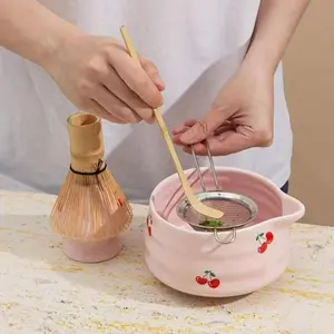 Japanese Matcha Stirring Set, 5-Piece Matcha Ceremony Tools, Ceramic Bowl with Spout, Bamboo Spoon, Stainless Steel Sieve, Perfect Gift