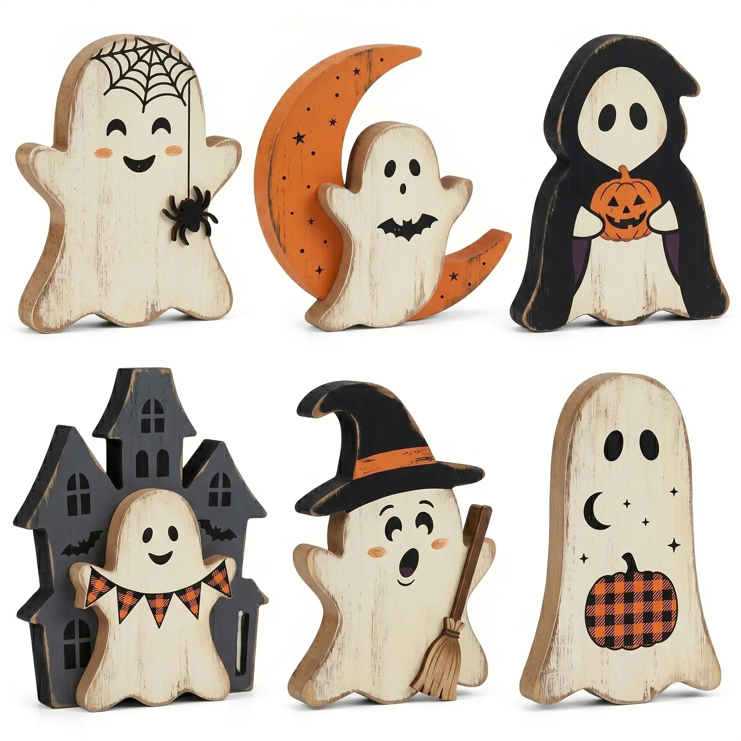 Halloween indoor horror decorations, 6-piece wooden ghost table centerpiece set, spooky farmhouse-style home decor, suitable for room, entryway, kitchen, living room, bookshelf desktop decoration, Halloween party decorations