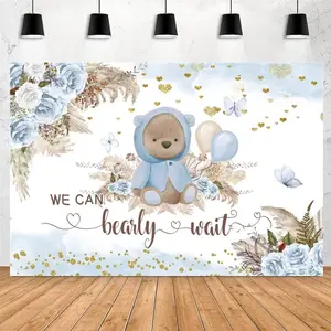 We Can Bearly Wait Backdrop Boho  Shower Party Backdrop 5x3ft Blue Floral Bohemian Pampas Grass Bear Photography Background   Shower   Portrait Photo Backdrop