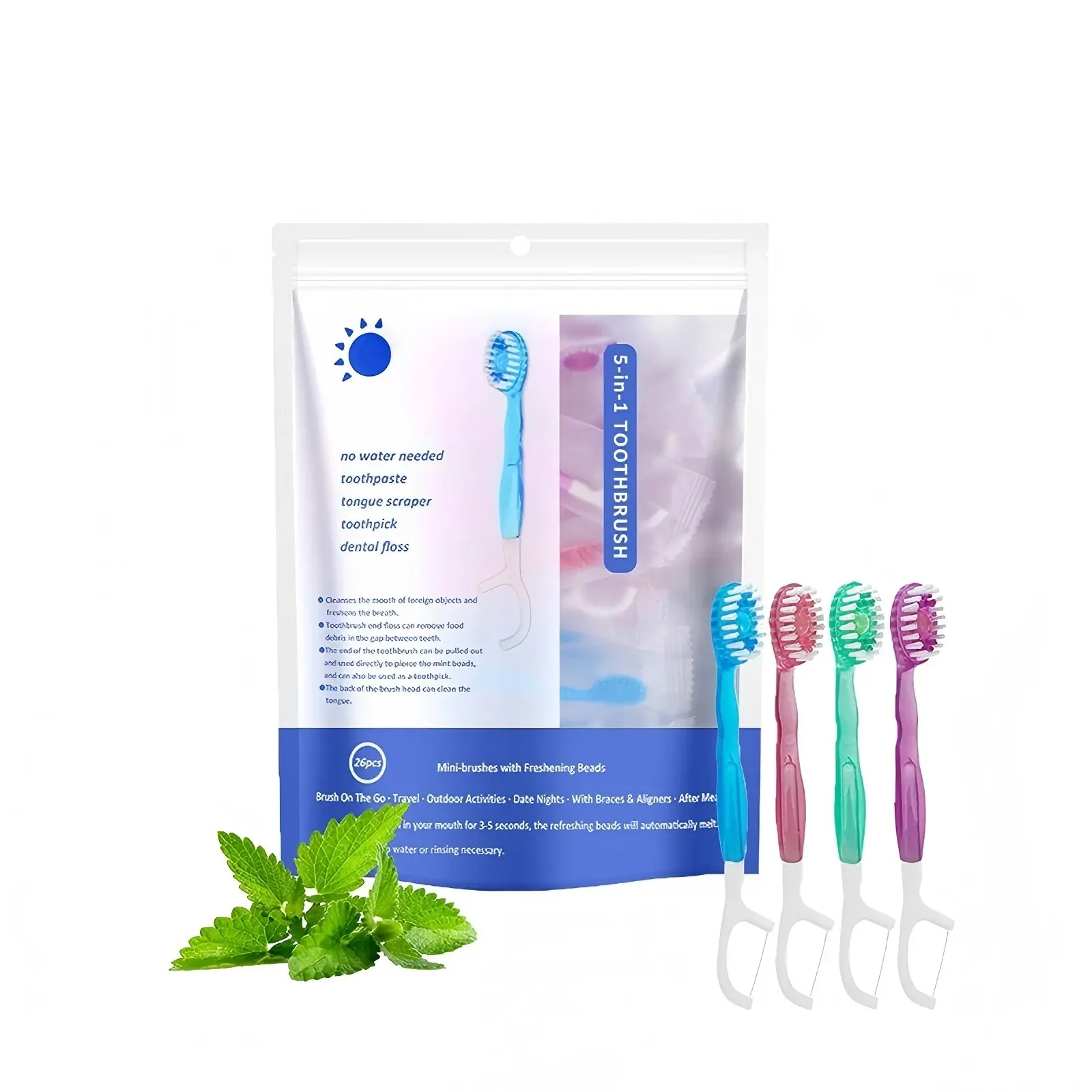 Explosive 5-in-1 Mini Toothbrush - Disposable Bead Toothbrush+Floss+Paddle+Tongue Scraper | Travel Set | Independent Packaging | Soft | Mint Flavor | Travel Set