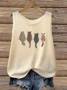 Women's Cat Print Round Neck Sweater Vest, Casual Sleeveless Crew Neck Knit Top for Summer, Fashion Women's Knitwear for Daily Wear