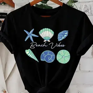 Beach Vibes Graphic T-Shirt - Casual Tee , Colorful Sea Creatures Design Including Starfish and Shells, Perfect Summer Top