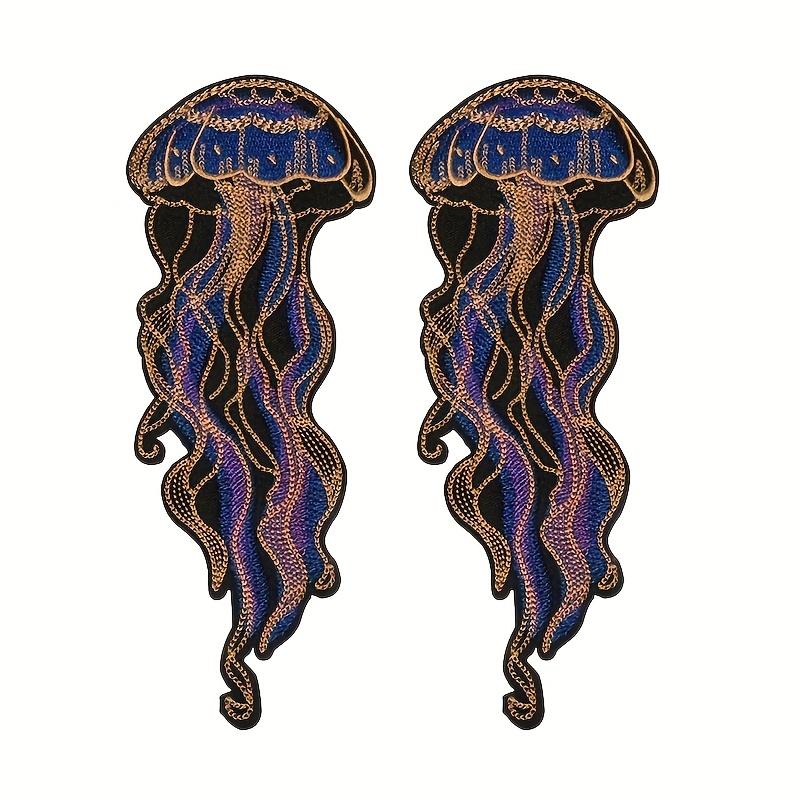 2 Pcs Jellyfish Iron-On Patches, Vivid Navy, Gold, and Black Ocean-Themed Embroidery Design, Heat-Press or Sew-On, Suitable for Jackets, Bags, Hats, Denim, Embroidered Craft Gifts for Men/Women
