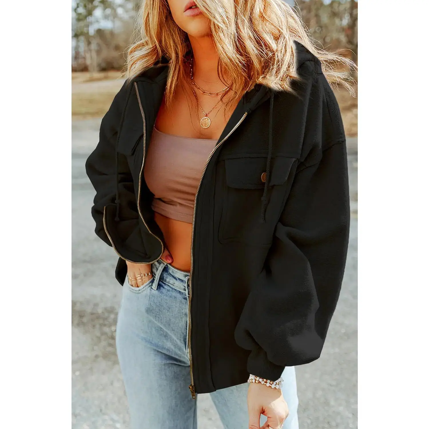 Zip-Up Drawstring Hooded Jacket