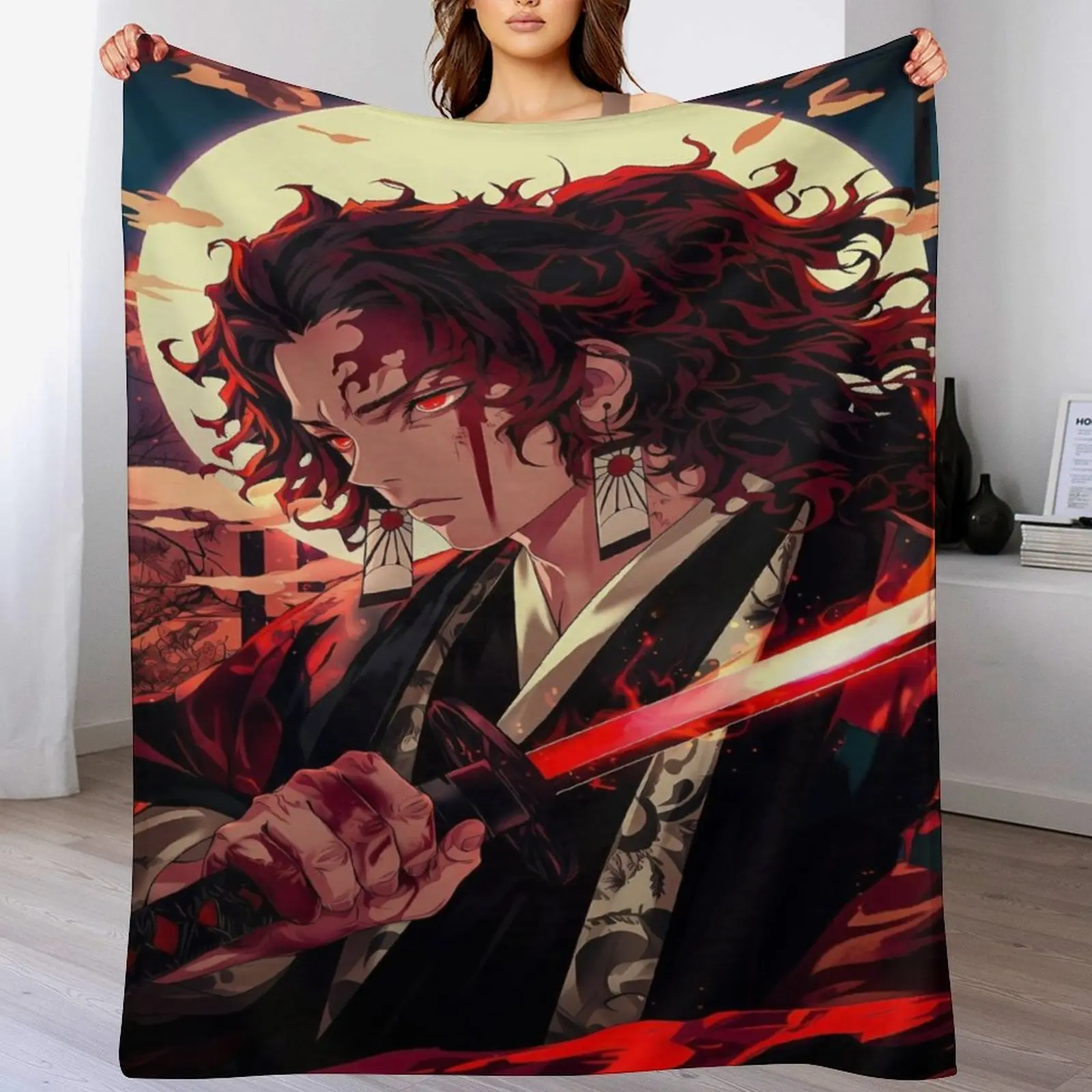 Yoriichi Tsugikuni Flannel Throw Blanket, Anime Sun Breathing Print Fleece Blanket, Cozy Warm Blanket for Fans Bedroom Couch