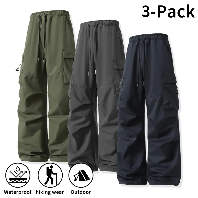 Men's Waterproof Cargo Hiking Pants, Elastic Waist Drawstring Wide Leg Tactical Trousers, Lightweight Windproof Outdoor Work Pants for Young Men Camping Travel Daily Street Wear durable training pant autumn