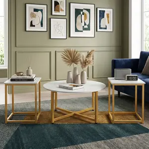 3 Pieces Modern Table Set Including Round Coffee Table and 2 Square Side End Tables, Sturdy Metal Frame Living Room Accent Furniture in White Finish