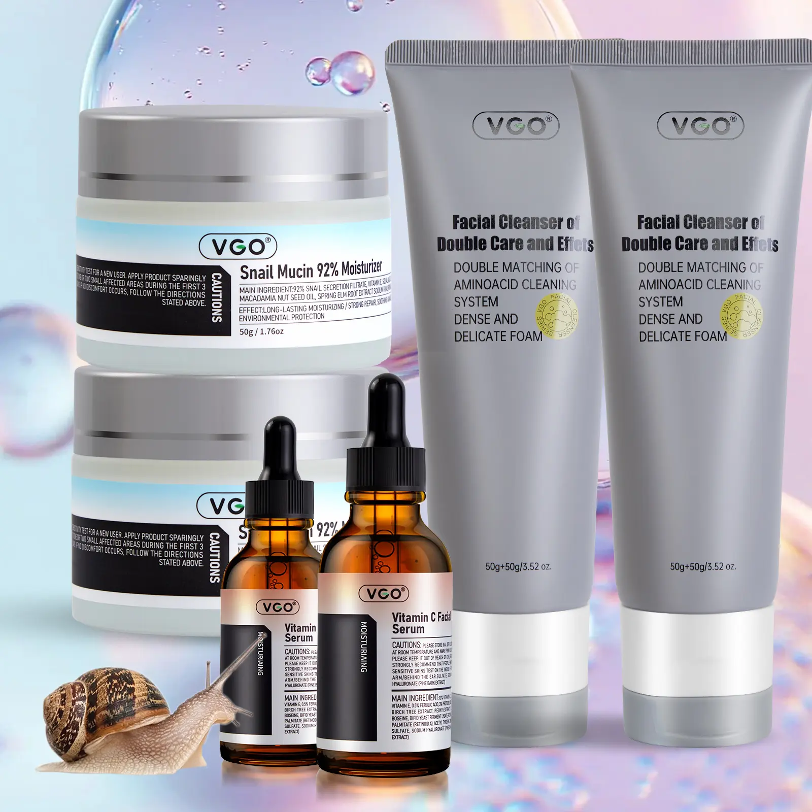 VGO skincare set includes a 50 - milliliter snail mucin facial cleanser, snail face cream, and vitamin C serum. It helps reduce wrinkles and provides gentle cleansing.