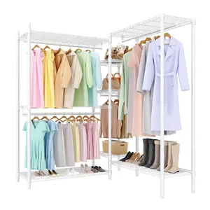 Heavy Duty Freestanding Clothes Rack, Carbon Steel Wardrobe Organizer with Adjustable Shelves & Hanging Rods, L-Shaped or Straight Setup, Anti-Tip, Black/White, for Bedroom/Closet/Laundry