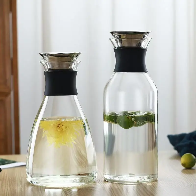 Long&Fat Glass Pitcher 1600ML/54OZ Glass Carafe with Stainless Steel Lid Heat Resistant Borosilicate Water Carafe Jug Beverage Pitcher for Water, Milk, Coffee, Wine, Homemade Iced Tea Juice
