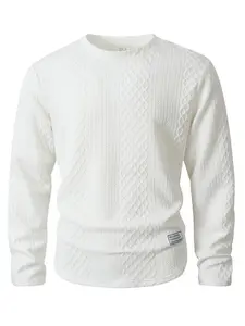 New Fall Winter Stripe Round Neck Solid Color Casual Pullover Long Sleeve Sweatshirt, Trendy Outerwear for Men & Women