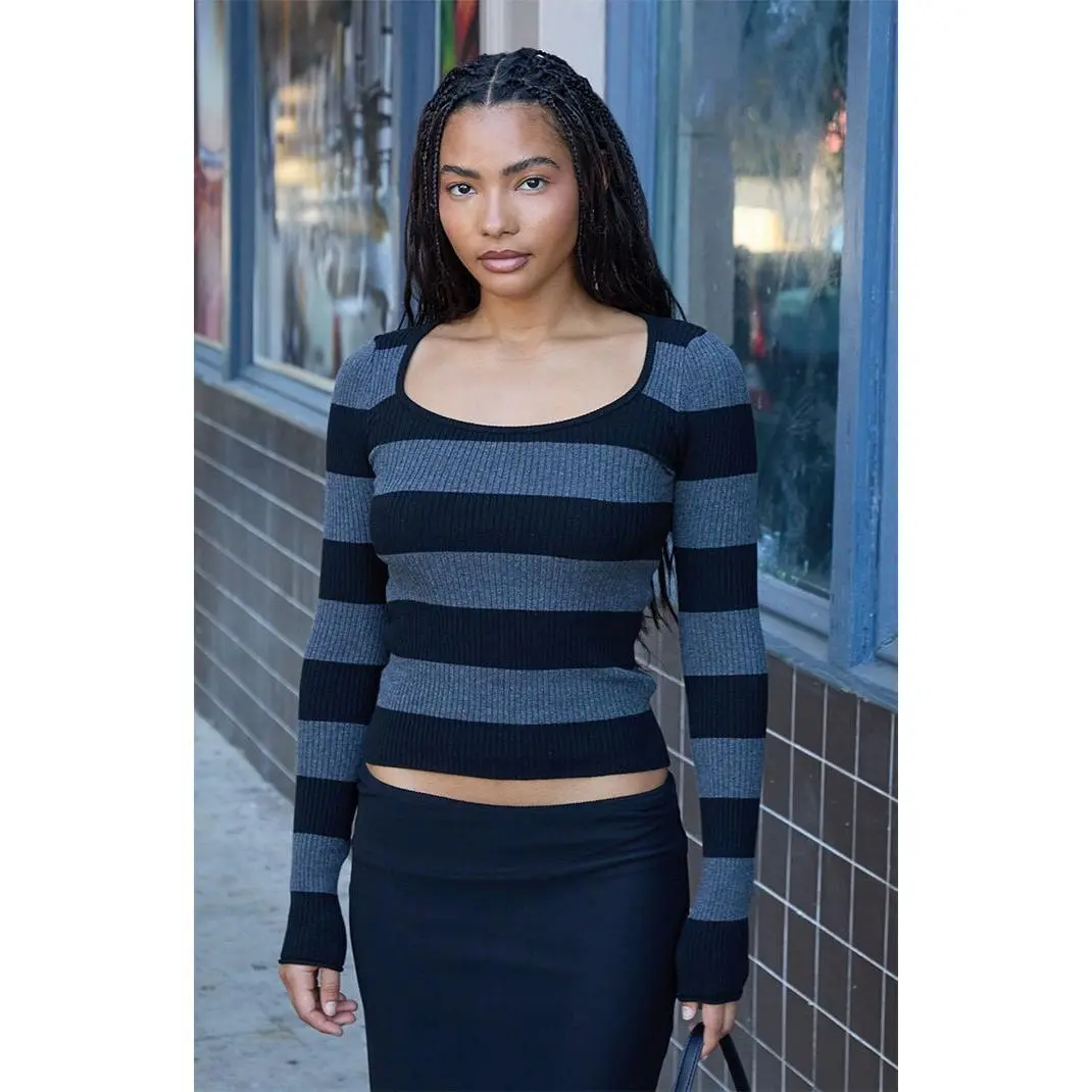John Galt Women's Black and Gray Zelly Striped Ribbed Long Sleeve Top