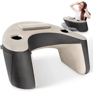 Ergonomic Memory Foam Lap Desk Pillow with Tablet Stand, Arm Rest Cushion with Dual Cup Holders & Side Pockets, Ice Silk Washable Cover for Bed Sofa Gaming Reading Office, Kids & Adults (Black Gray)