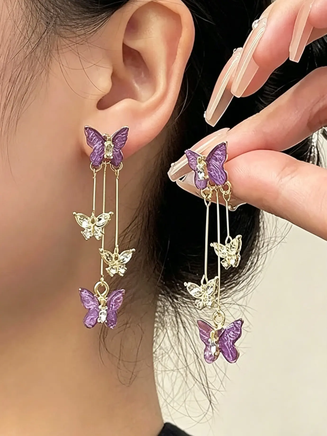 Women's Butterfly Earrings, Shiny Butterfly Design Fringe Detail Dangle Drop Earrings, Elegant Elevated Aesthetic Fashion Jewelry, All-Season Accessory, Stainless Steel Chain