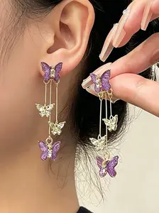 Women's Butterfly Earrings, Shiny Butterfly Design Fringe Detail Earrings, Elegant Elevated Aesthetic Fashion Jewelry, All-Season Accessory, Stainless Steel Chain