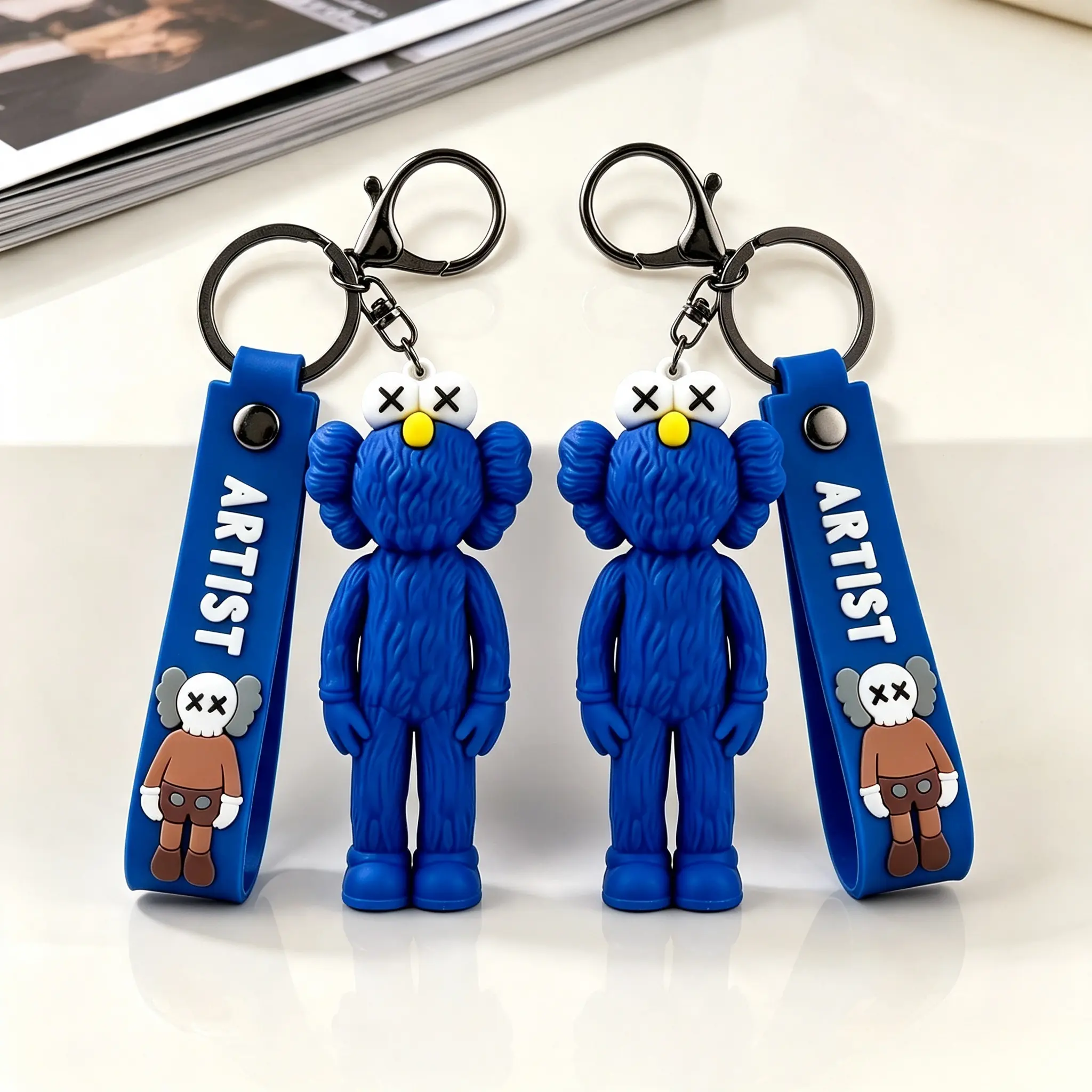 2pcs Hypebeast Cartoon Figure Keychains with Wrist Straps, Aesthetic Backpack Charms, Car Keyrings, Home Decor Doll Ornament Gifts
