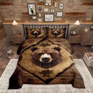 Brown Bear Head Bedding Set,Watercolor 3D Wild Animal Print Comforter Set for Kids Teens Adults,Wooden Stripes Paw Print Cabin Comforter Duvet Set