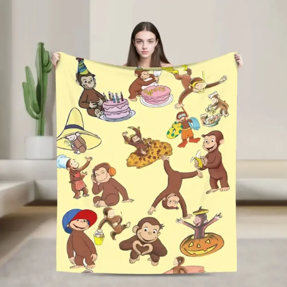 Curious George Unisex Whimsical Fleece Fabric Monkey Blanket with Cartoon Print, Cozy Warm Bedroom Bedding, Ideal Gift for Fans on Birthdays & Christmas, Whimsical Cartoon Blankets